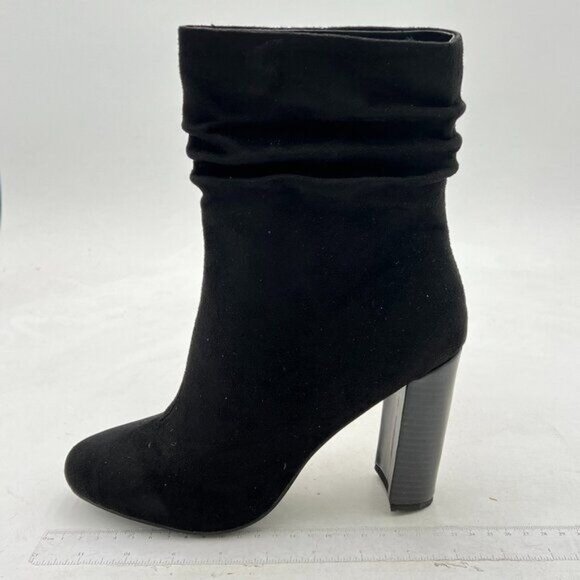 Black Women Pull on Booties Chunky Heel Slouch Ankle Boots Round Toe Stacked - Picture 1 of 6